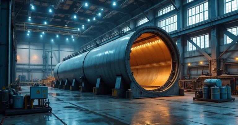 Tanque industrial em processo de descontaminação química para descomissionamento seguro