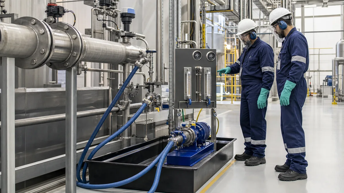 Técnicos com EPIs inspecionam circuito preparado para limpeza química industrial em tubulação metálica.
