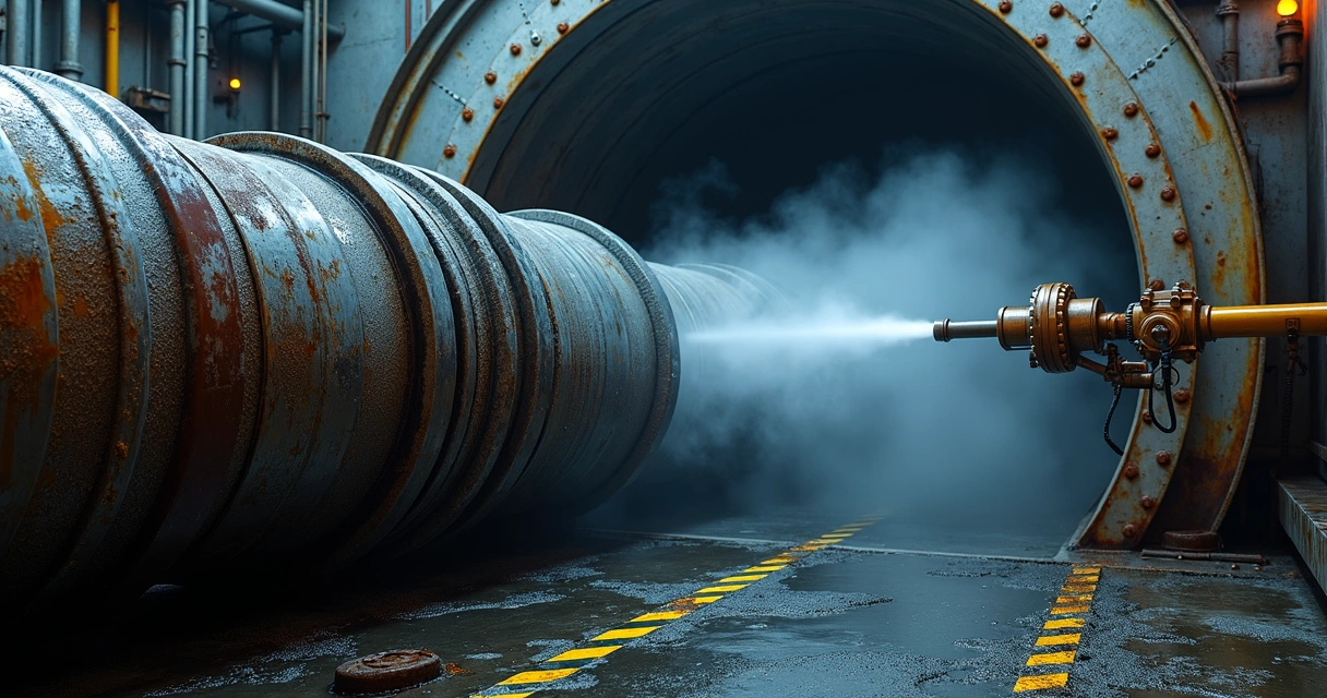 Vista interna de feixe tubular de caldeira com hidrojateamento de alta pressão