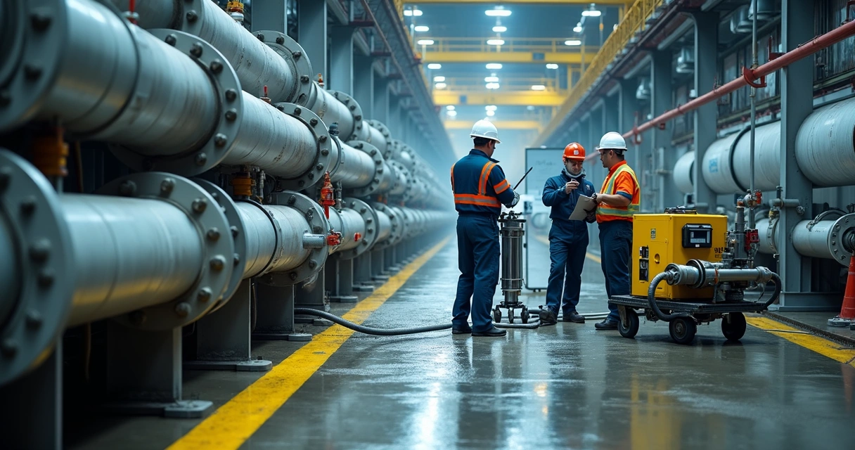 Hidrojateamento em linhas industriais durante parada de manutenção com equipe coordenada