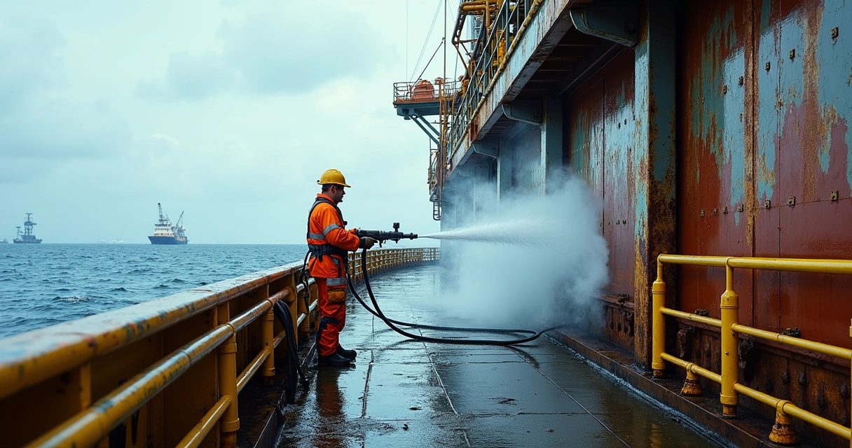 Hidrojateamento offshore em estrutura no convés de navio
