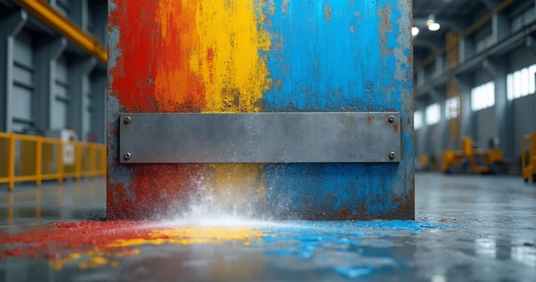 Hidrojateamento removendo tinta industrial colorida de grande painel metálico.