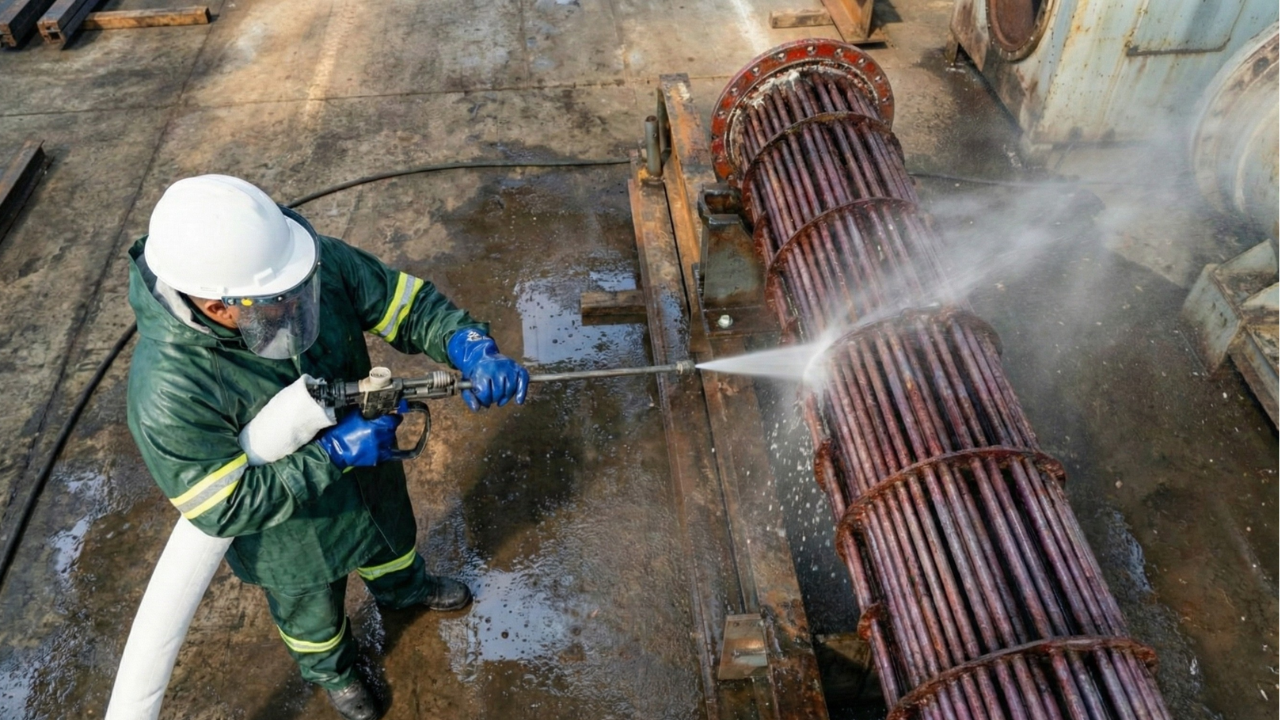 Hidrojateamento em feixe tubular exposto com técnico avaliando limpeza