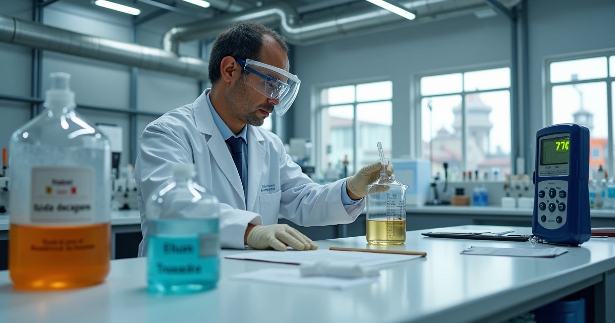 Químico ajustando pH em laboratório industrial com bancada de frascos coloridos