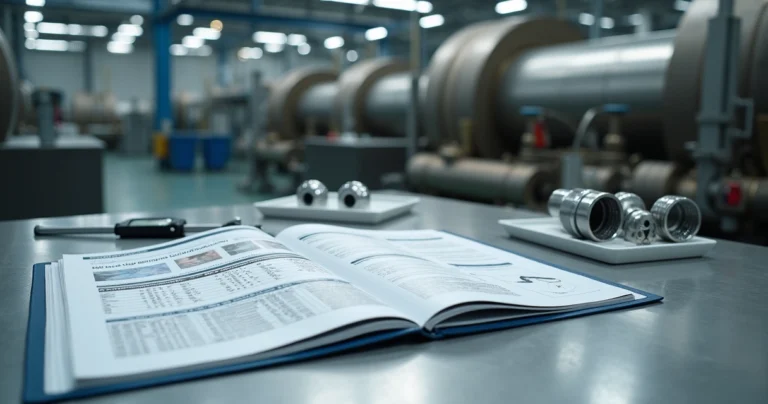 Mesa com laudo de decapagem química e peças metálicas avaliadas em ambiente industrial