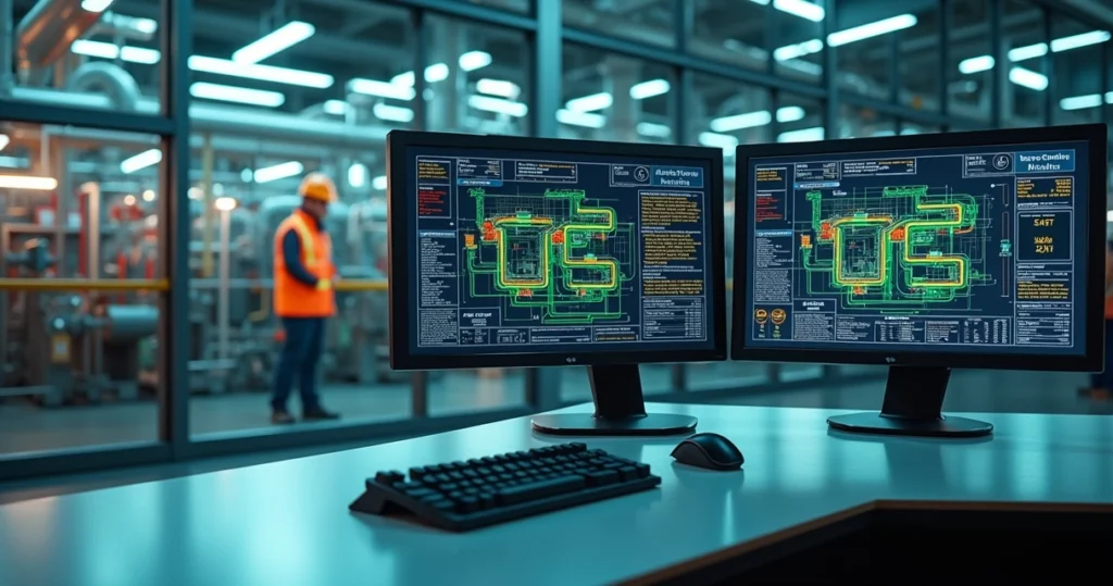 Painel de monitoramento acompanhando descontaminação química em tubulação industrial