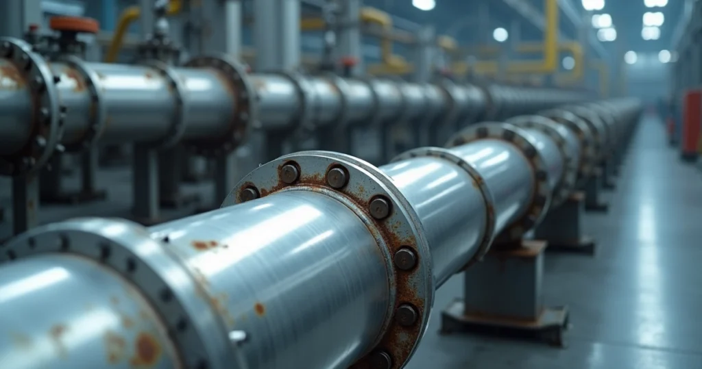 Detalhe de tubo inox com parte passivada brilhante e parte corroída em planta industrial