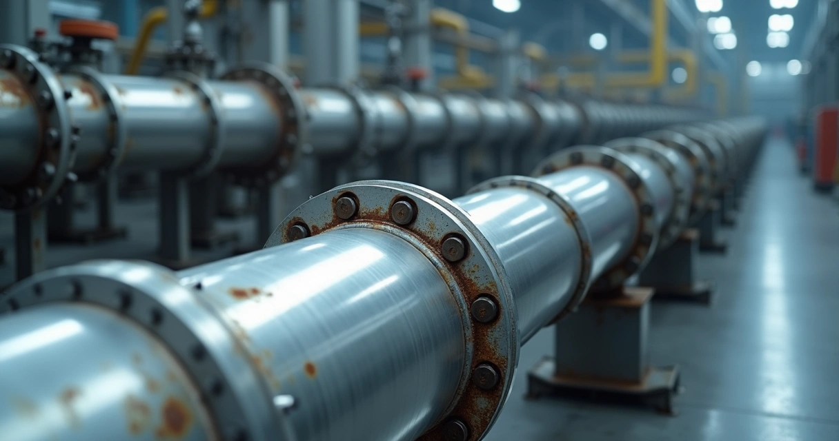 Detalhe de tubo inox com parte passivada brilhante e parte corroída em planta industrial
