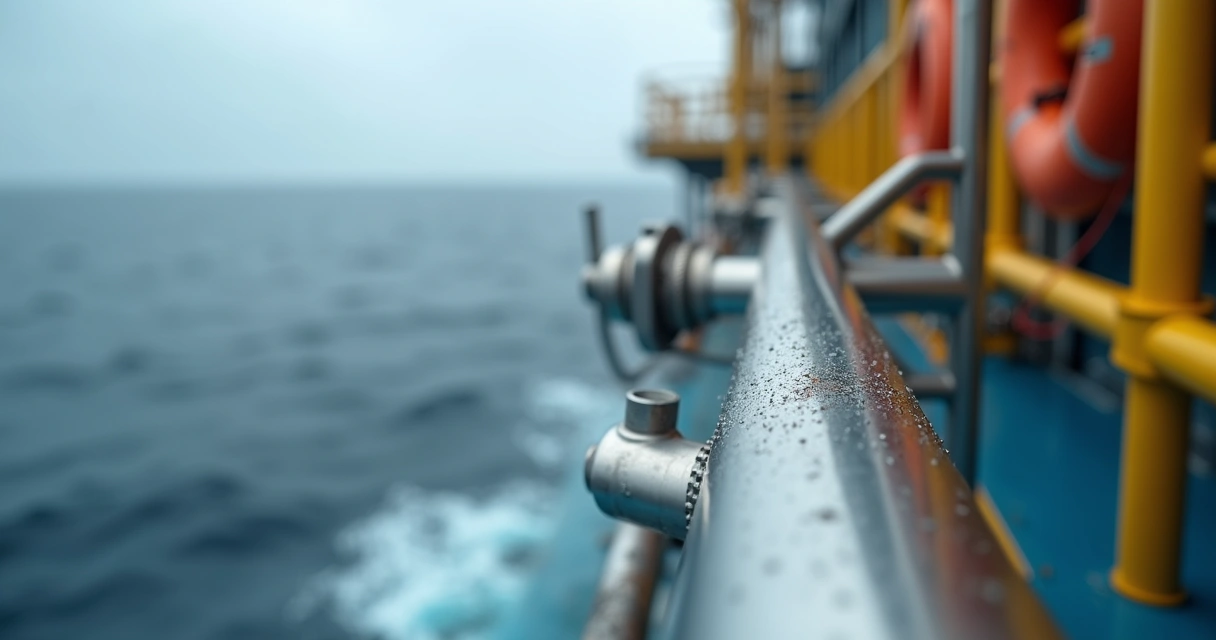 Tubos de inox passivados em plataforma offshore com mar ao fundo