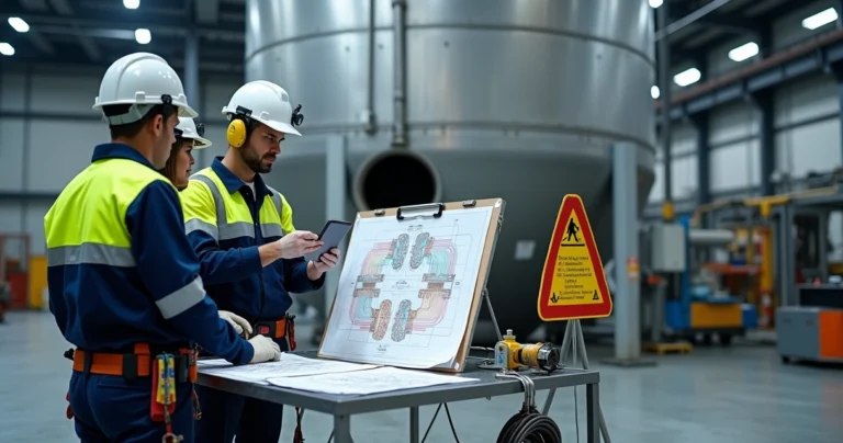 Equipe planeja hidrojateamento em tanque industrial antes da entrada em espaço confinado