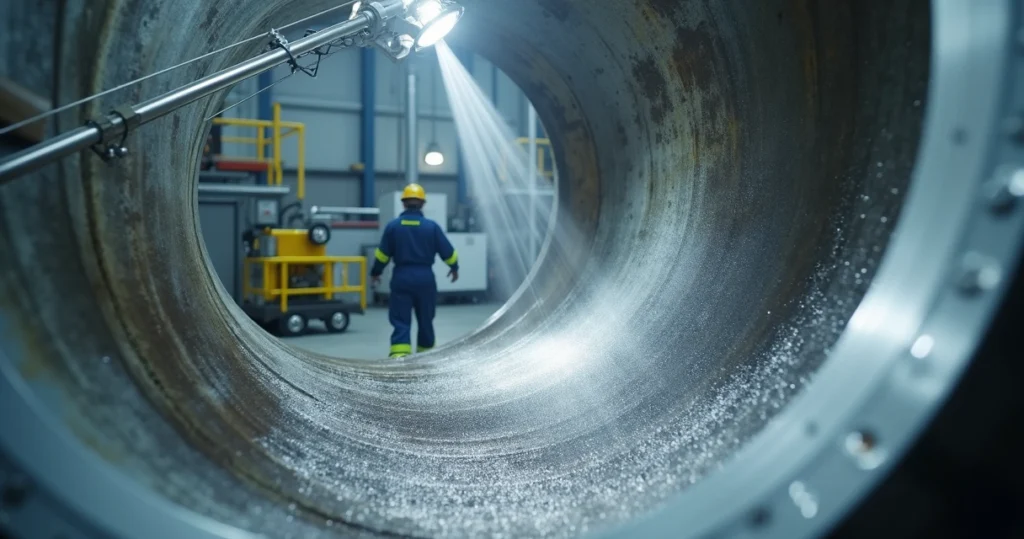 Interior de reator industrial metálico recebendo fluxo de solução de decapagem química