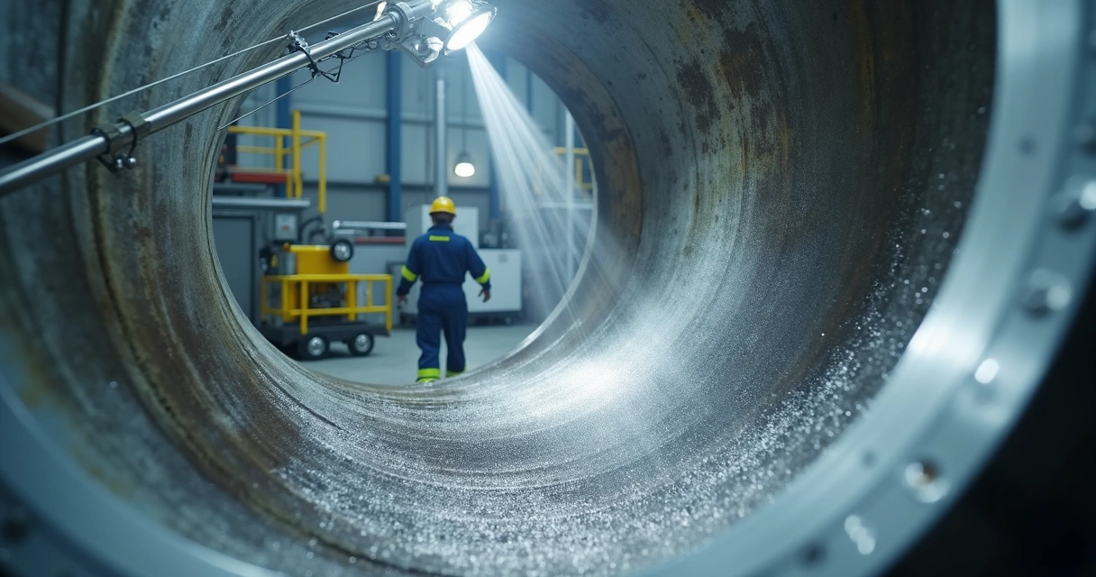 Interior de reator industrial metálico recebendo fluxo de solução de decapagem química