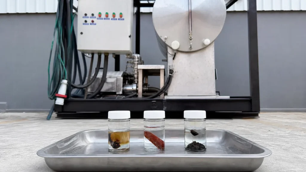 Amostras úmidas de óleo, óxido e lodo coletadas antes da limpeza química industrial