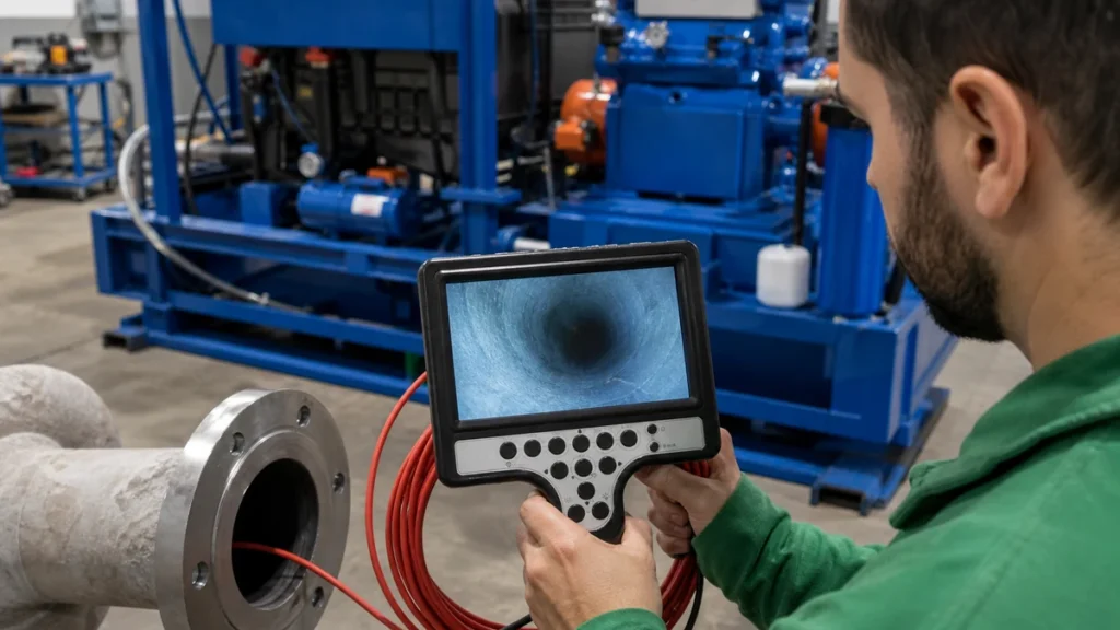 Boroscópio industrial inspecionando tubulação antes e depois do hidrojateamento
