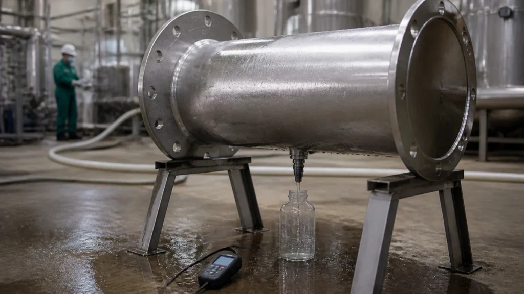 Amostra de água e gotas sendo removidas de spool inox após enxágue final