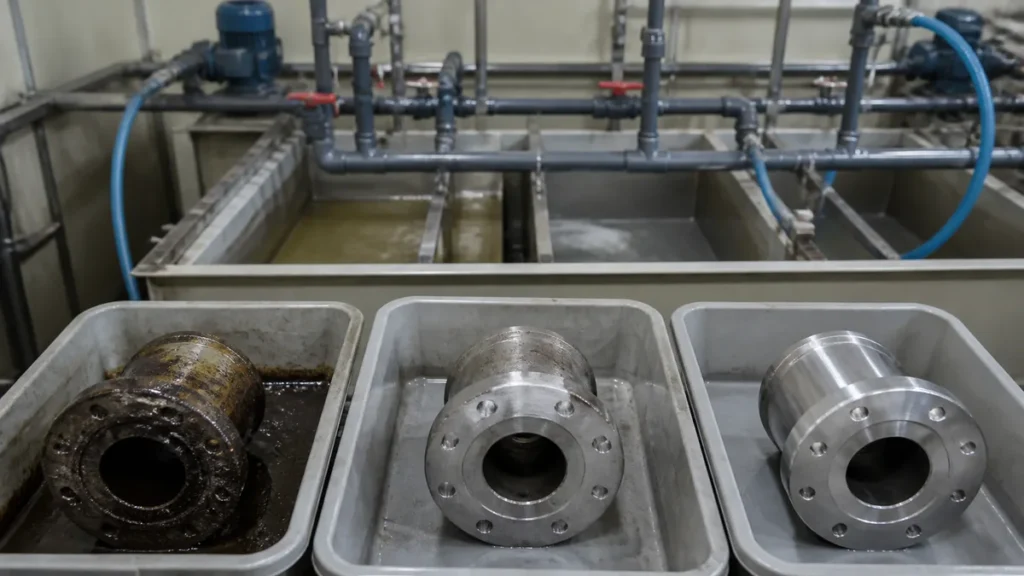 Três tubos representam desengraxe, decapagem e passivação na sequência de limpeza química