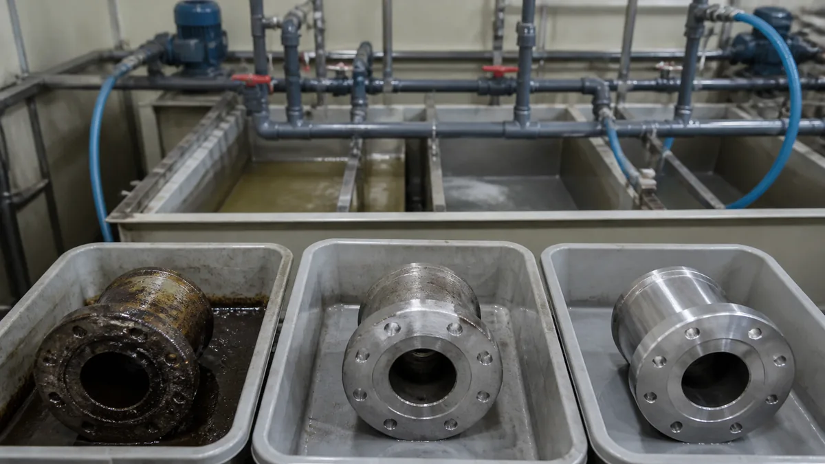 Três tubos representam desengraxe, decapagem e passivação na sequência de limpeza química