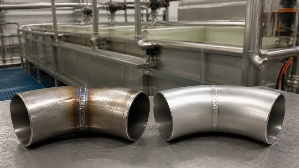 Comparação visual entre decapagem e passivação de tubulação em aço inox