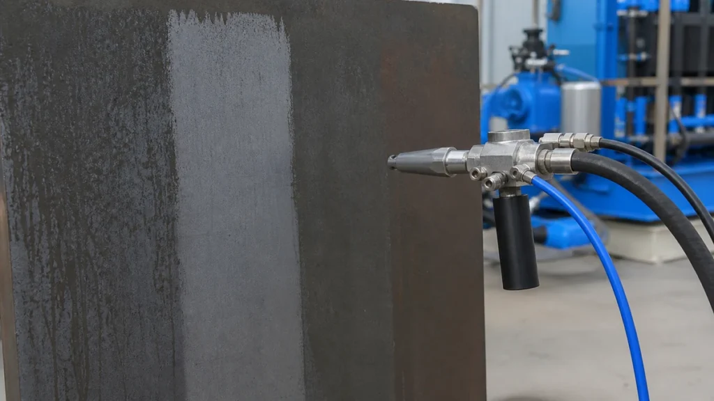 Bico de hidrojateamento posicionado para teste de distância em chapa industrial