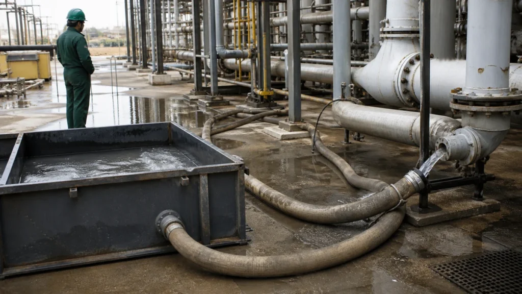 Drenagem após teste hidrostático como planejar pontos baixos e destino da água em ambiente industrial com representação técnica segura e realista