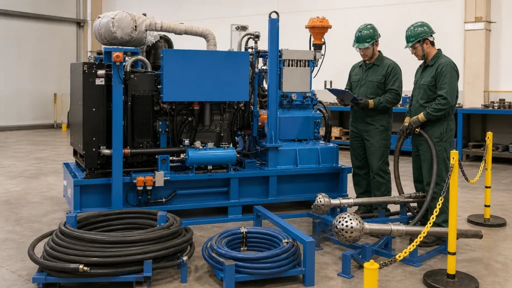 Inspeção técnica de máquina azul e acessórios para comparar propostas de hidrojateamento industrial