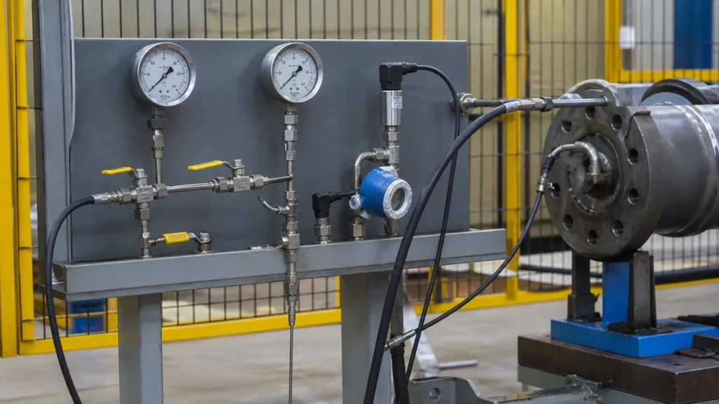 Manômetros e sensor de temperatura durante estabilização de teste hidrostático