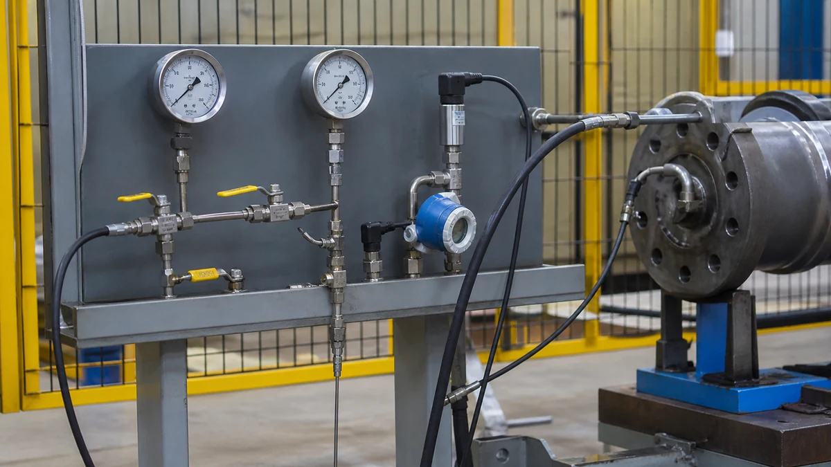 Manômetros e sensor de temperatura durante estabilização de teste hidrostático