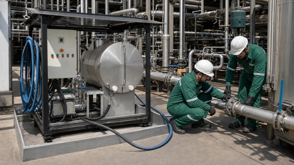 Equipe Filtrovali preparando circuito de decapagem quÃmica conectado a tubulação industrial
