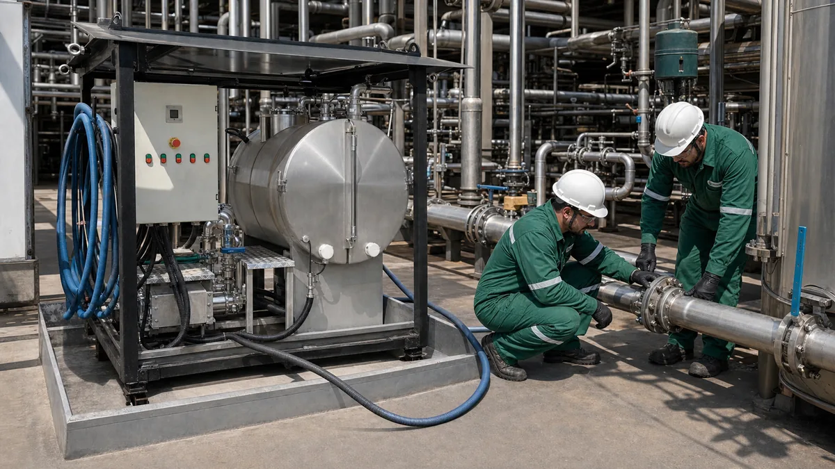 Equipe Filtrovali preparando circuito de decapagem quÃmica conectado a tubulação industrial