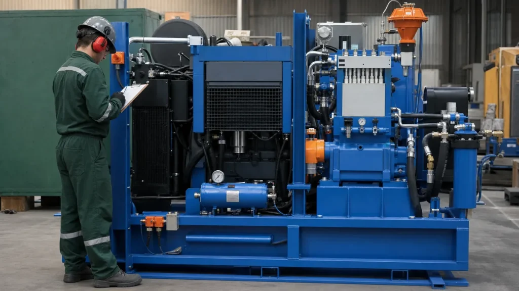 Técnico da Filtrovali inspecionando máquina azul de hidrojateamento industrial antes da operação