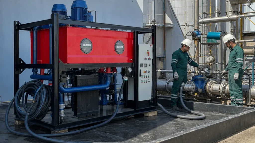 Unidade realista de flushing industrial vermelha e azul conectada a circuito temporário em planta