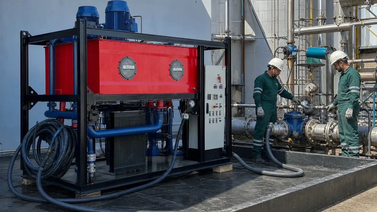 Unidade realista de flushing industrial vermelha e azul conectada a circuito temporário em planta