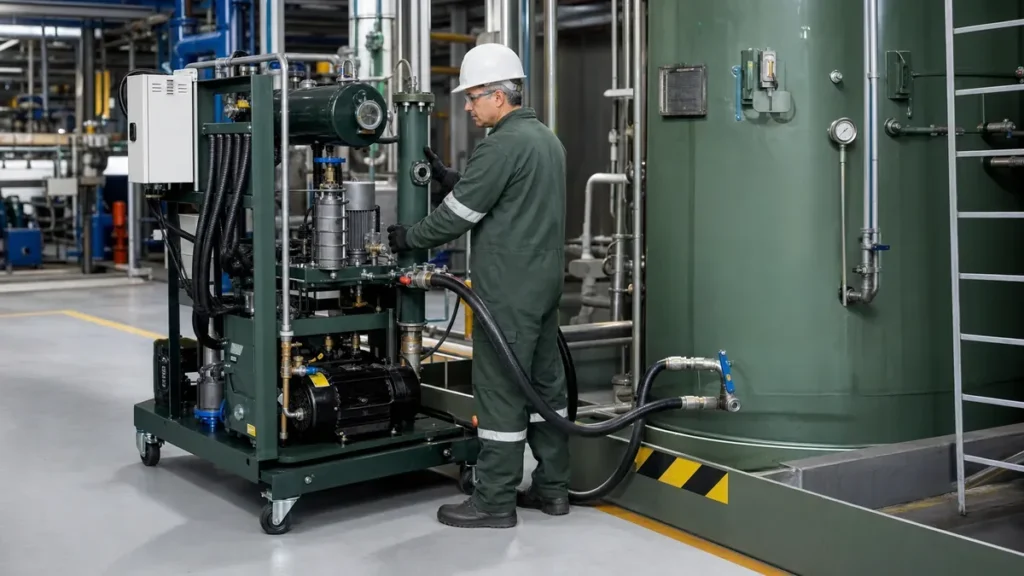 Técnico da Filtrovali monitora unidade de desidratação de óleo a vácuo conectada a reservatório industrial