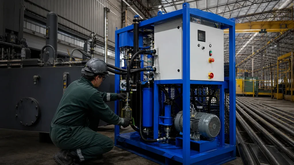 Grande unidade de filtragem de Ã³leo hidrÃ¡ulico conectada a reservatÃ³rio industrial com tÃ©cnico Filtrovali