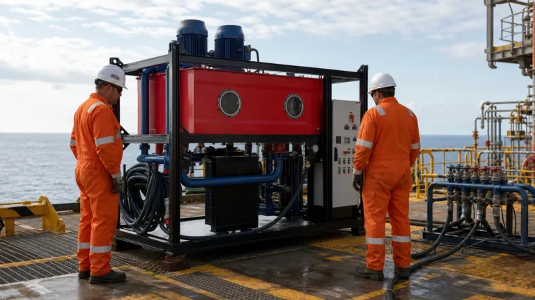 Unidade de flushing vermelha e azul mobilizada em plataforma offshore com técnicos em macacão laranja