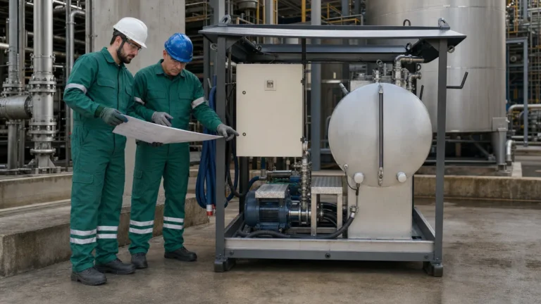 Engenheiro e técnico Filtrovali avaliando tubulação e unidade quÃmica para formar escopo de decapagem