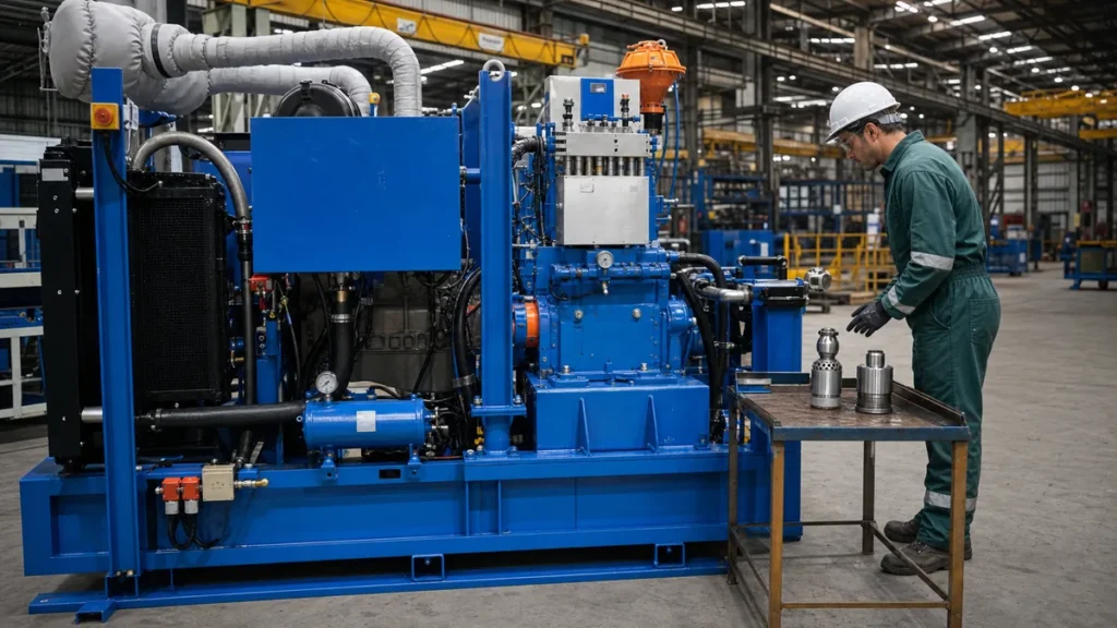 Máquina azul de hidrojateamento industrial ligada a bicos e mangueiras organizados para inspeção