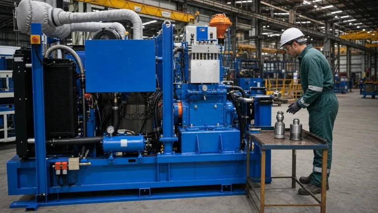 Máquina azul de hidrojateamento industrial ligada a bicos e mangueiras organizados para inspeção