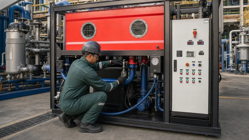 Técnico Filtrovali coletando amostra de óleo em circuito de flushing vermelho e azul para validar o aceite
