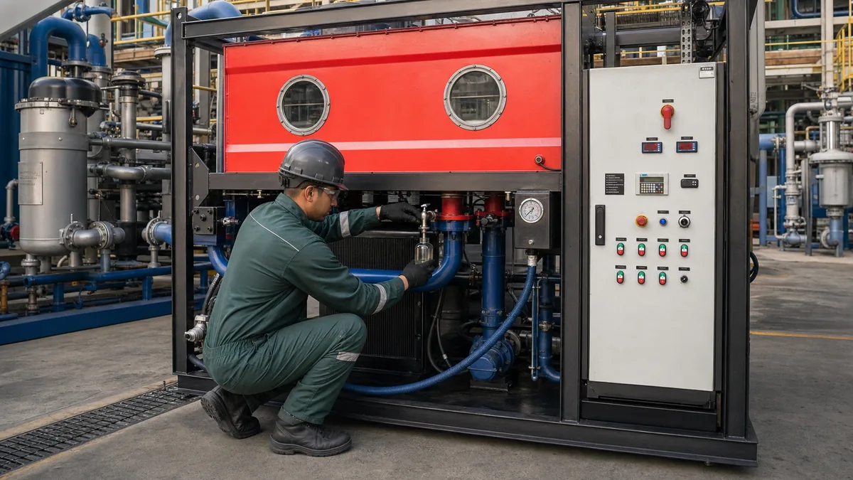 Técnico Filtrovali coletando amostra de óleo em circuito de flushing vermelho e azul para validar o aceite