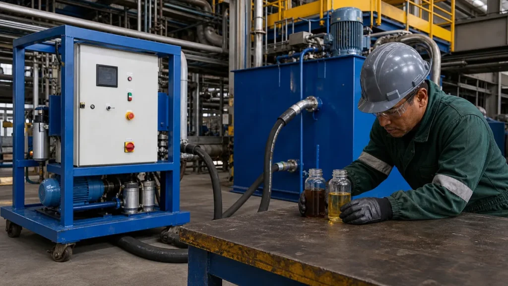 Engenheiro Filtrovali compara amostras ao lado de grande unidade de filtragem de óleo hidráulico