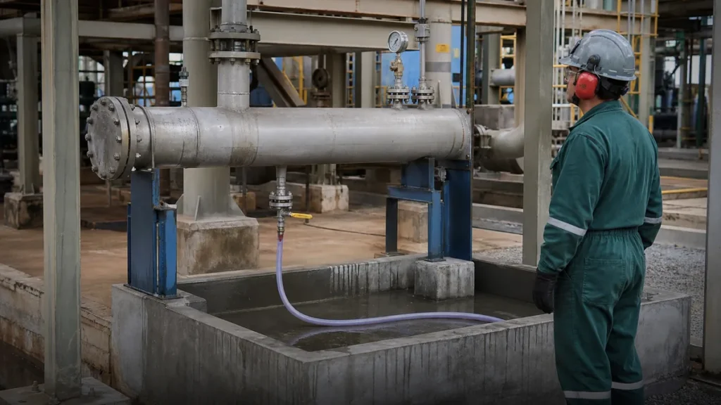 Tubulação industrial em drenagem e preparação para secagem após teste hidrostático