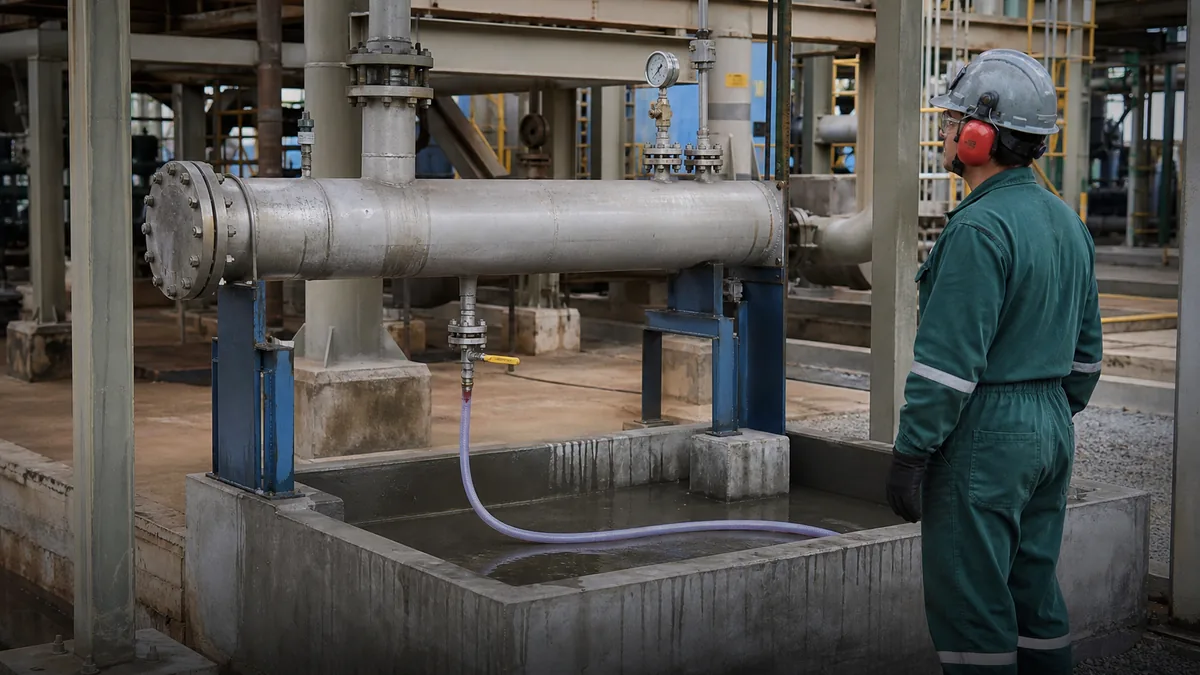 Tubulação industrial em drenagem e preparação para secagem após teste hidrostático