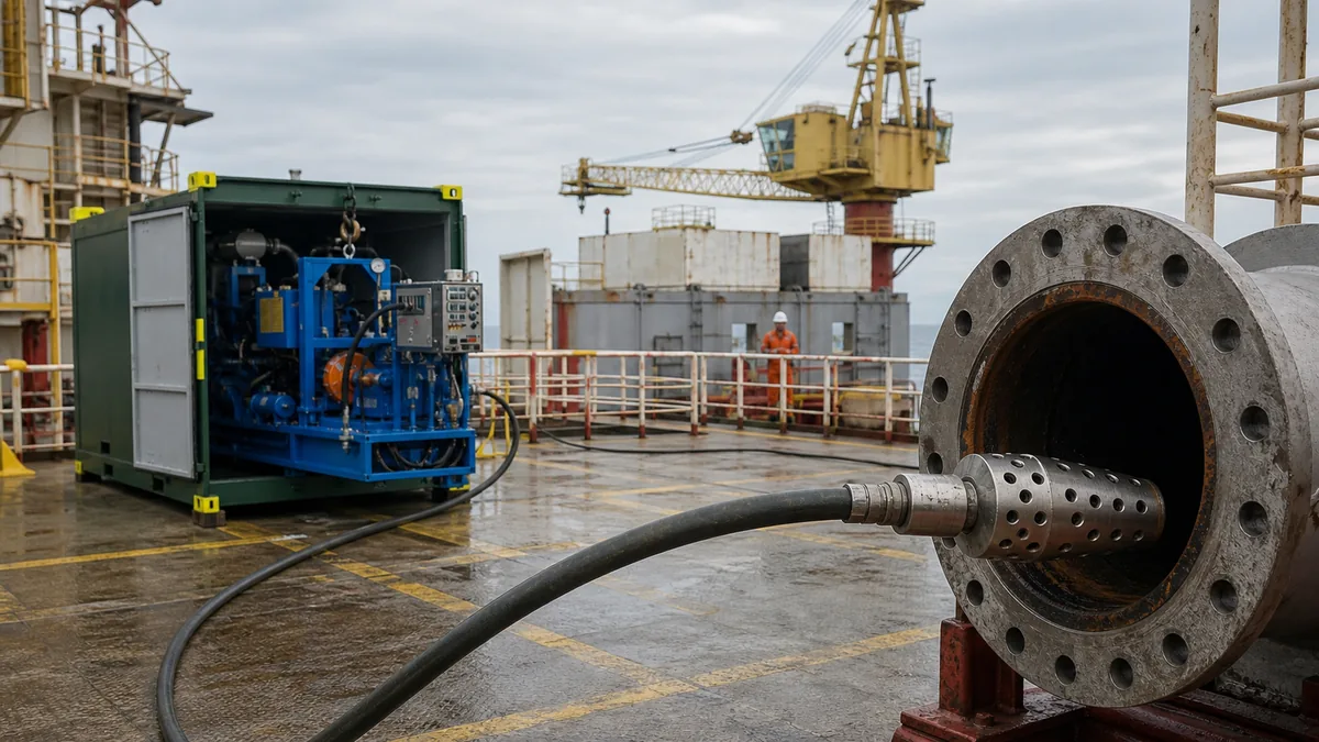 Máquina azul dentro de skid verde para retrolavagem offshore de tubulação, sem pessoas na zona de risco