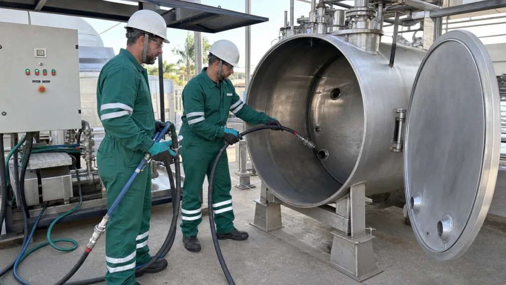 Interior de tanque industrial inox preparado para passivação por equipe Filtrovali em macacão verde
