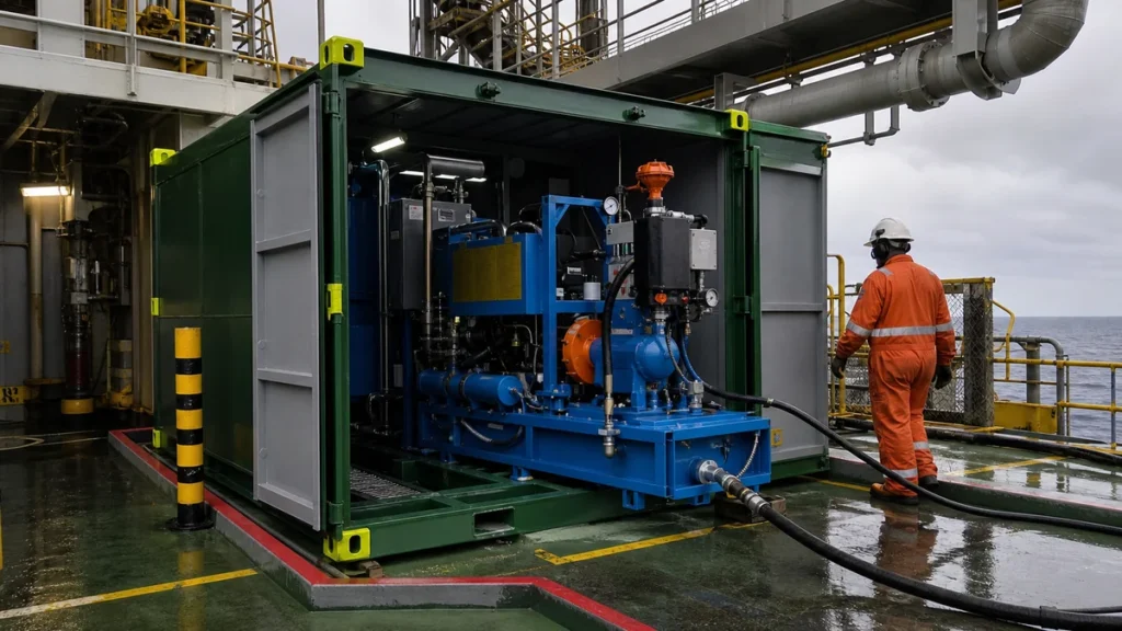 Maquina azul de hidrojateamento em skid verde preparada em conves offshore com operador de macacao laranja