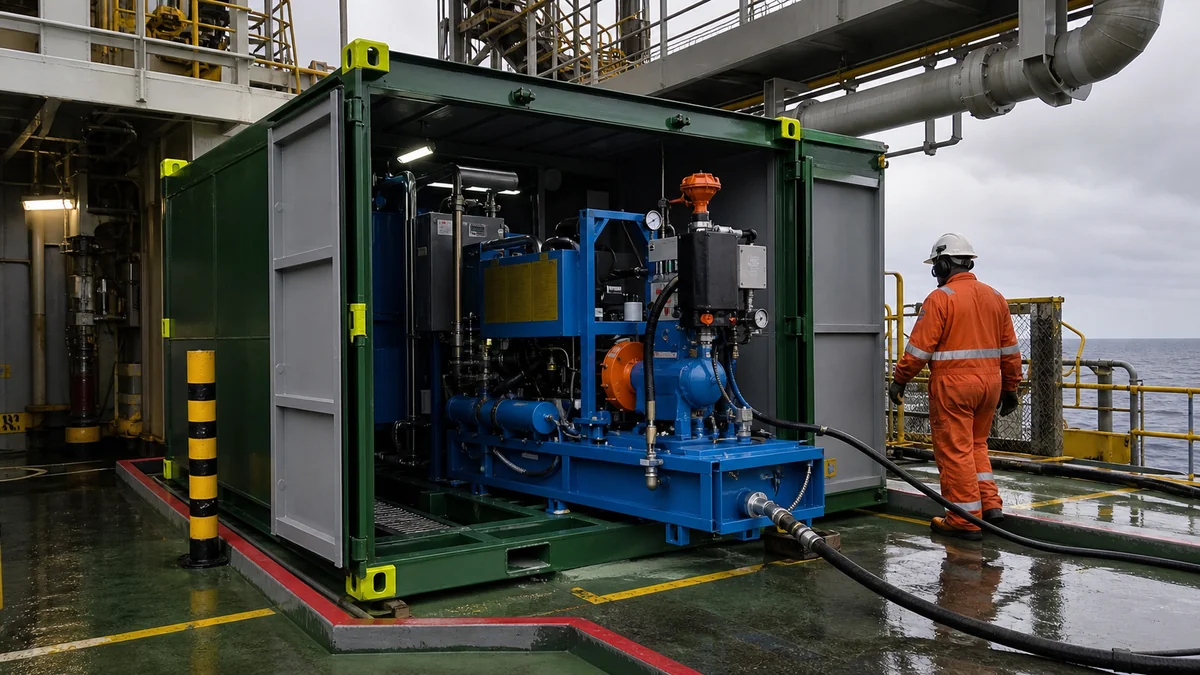Maquina azul de hidrojateamento em skid verde preparada em conves offshore com operador de macacao laranja