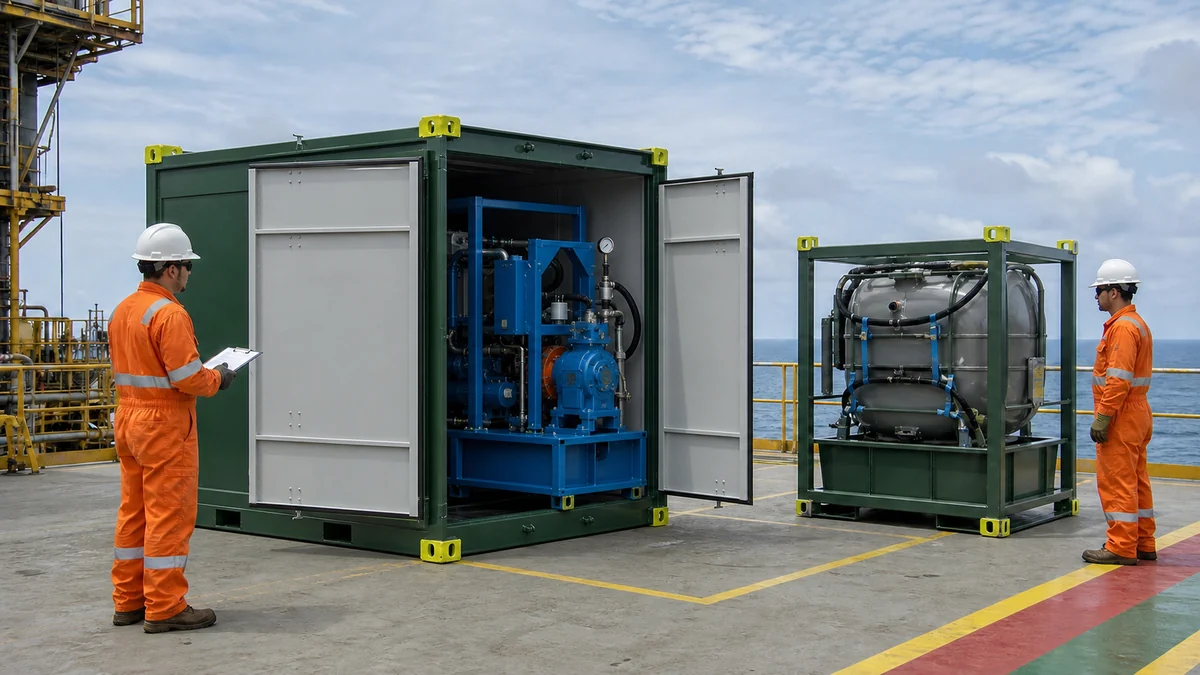 Maquina azul acomodada em skid offshore verde e unidade fechada de residuos em estrutura de transporte durante inspecao segura