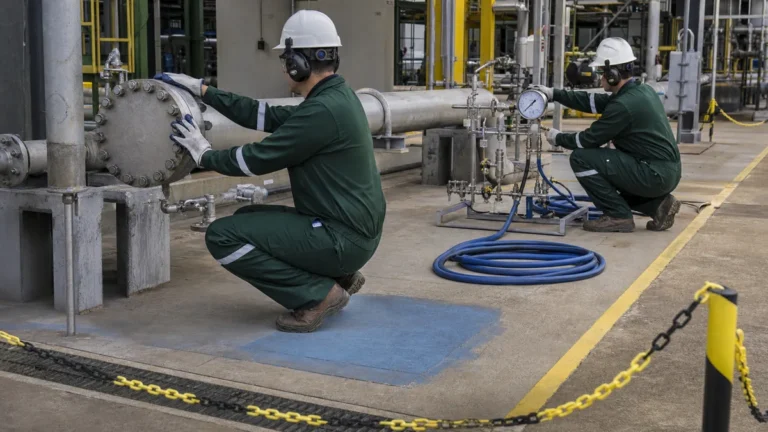 Equipe com EPIs prepara tubulação limpa e manifold com manômetro para teste hidrostático após flushing.