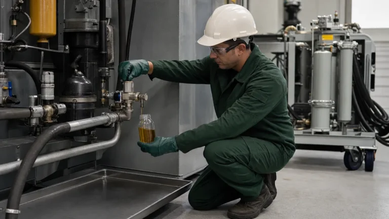 Técnico com EPIs coleta amostra de óleo em ponto dedicado de um circuito hidráulico durante validação da filtragem.